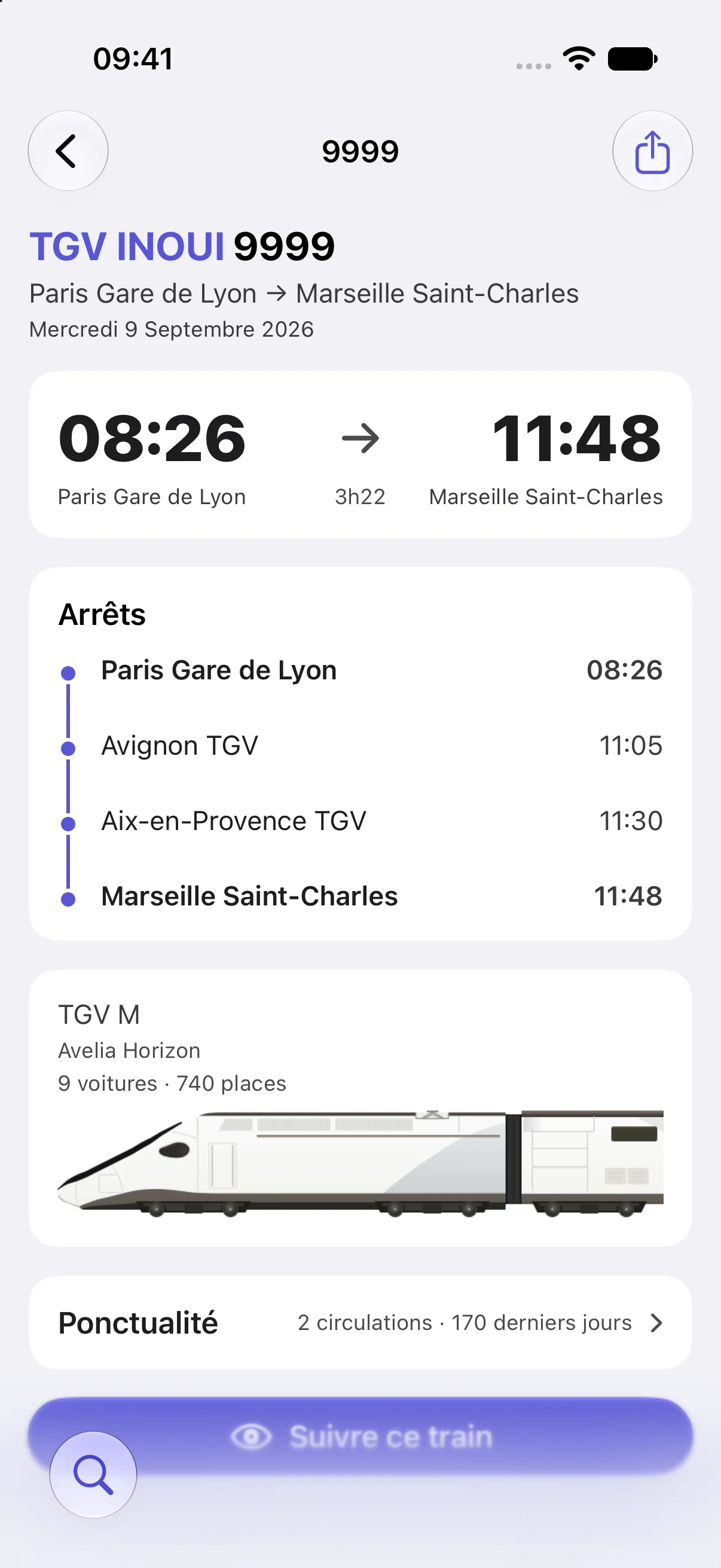 Détail d'un TGV INOUI suivi dans Trayn